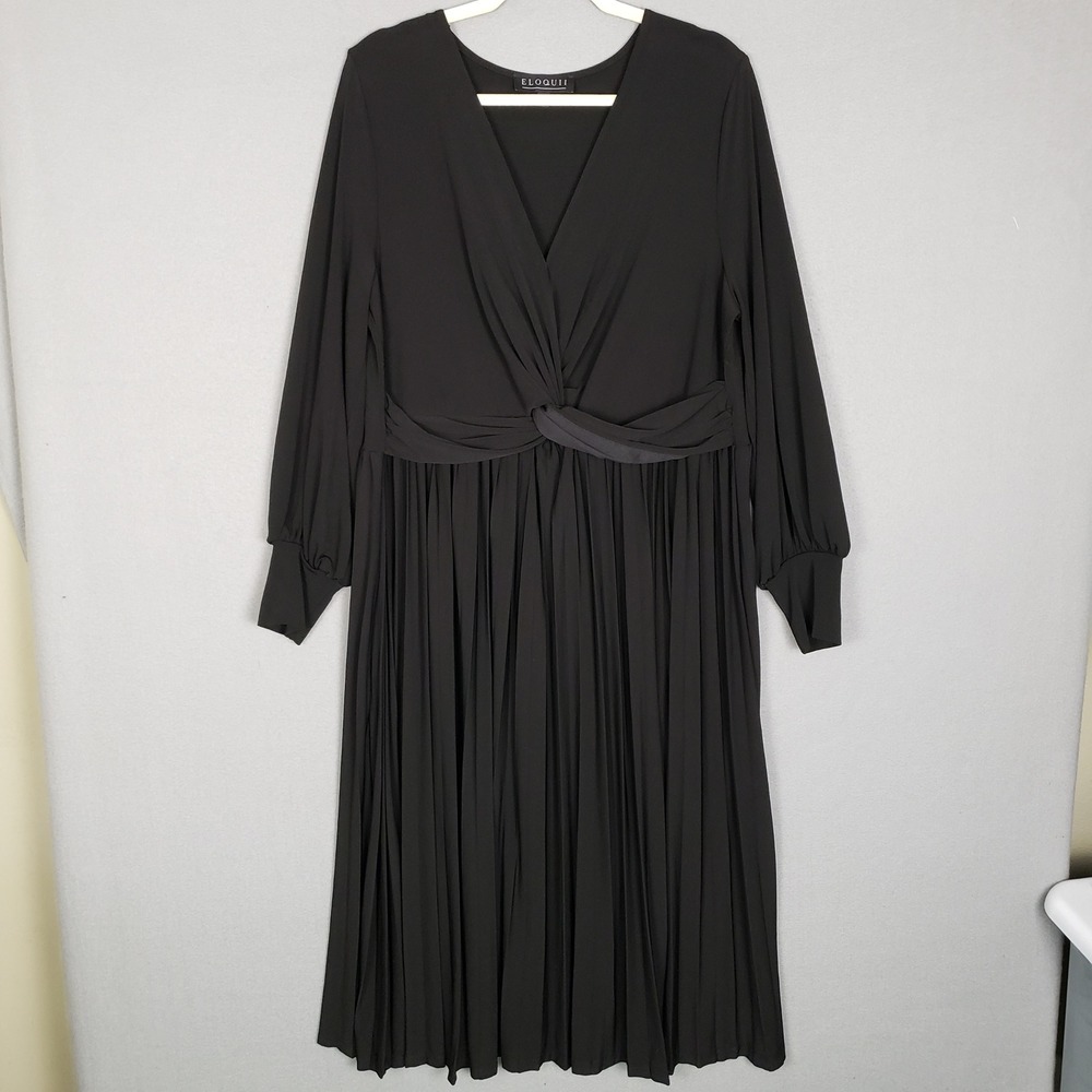 Eloquii Size 18 Long Sleeve‎ Knot Front Pleated Skirt Dress Black Cocktail Midi